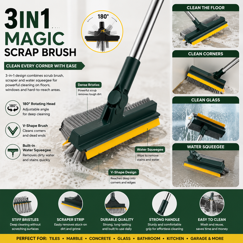 3-in-1 Floor Scrub Brush with Squeegee